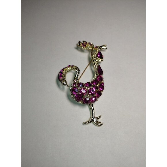 Vintage rooster brooch with pink fuchsia rhinestones - Picture 1 of 3